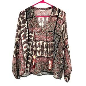 Love Stitch‎ Size Small Blouse Brown Neutrals Paisley Boho Print Sheer Overshirt
